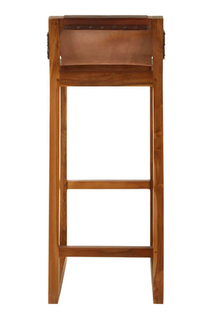 Back view of the Jakarta Brown Leather Bar Chair, showing the studded leather backrest and teak frame.