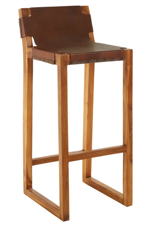The Jakarta Brown Leather Bar Chair from a three-quarter angle, showing the teak sled base, footrest and brown leather sling seat.
