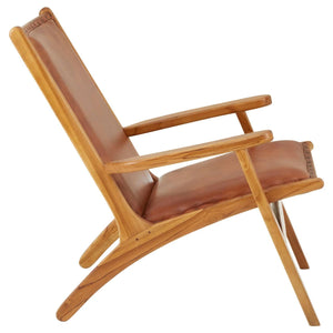Side view of the Jakarta Leather and Teak Chair with Stud Detail, showing the sweeping teak legs and broad flat armrests.