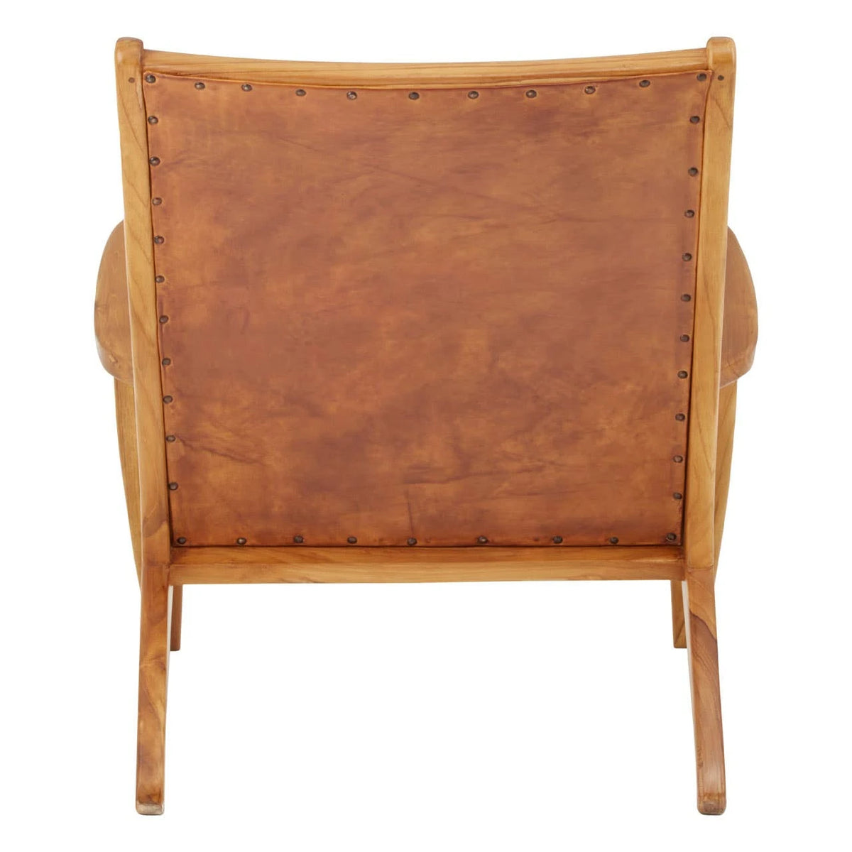 Back view of the Jakarta Leather and Teak Chair, with the tan leather back edged in studs.