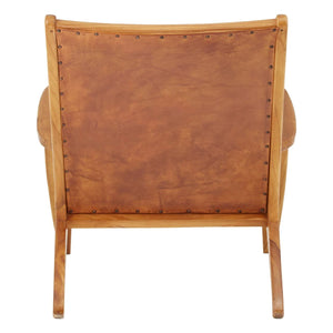 Back view of the Jakarta Leather and Teak Chair, with the tan leather back edged in studs.