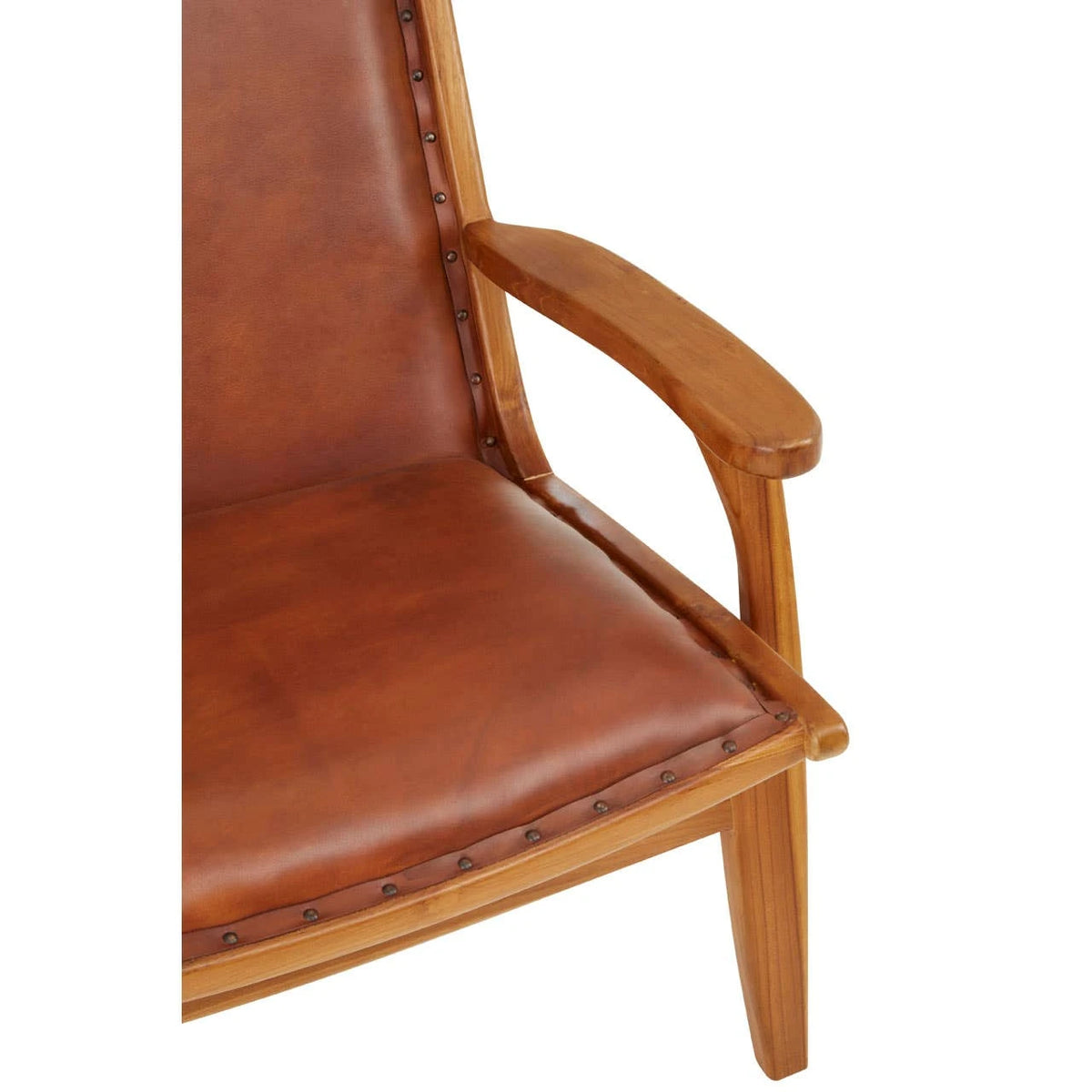 Close-up of the teak armrest and studded tan leather seat of the Jakarta Chair with Stud Detail.