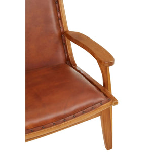 Close-up of the teak armrest and studded tan leather seat of the Jakarta Chair with Stud Detail.