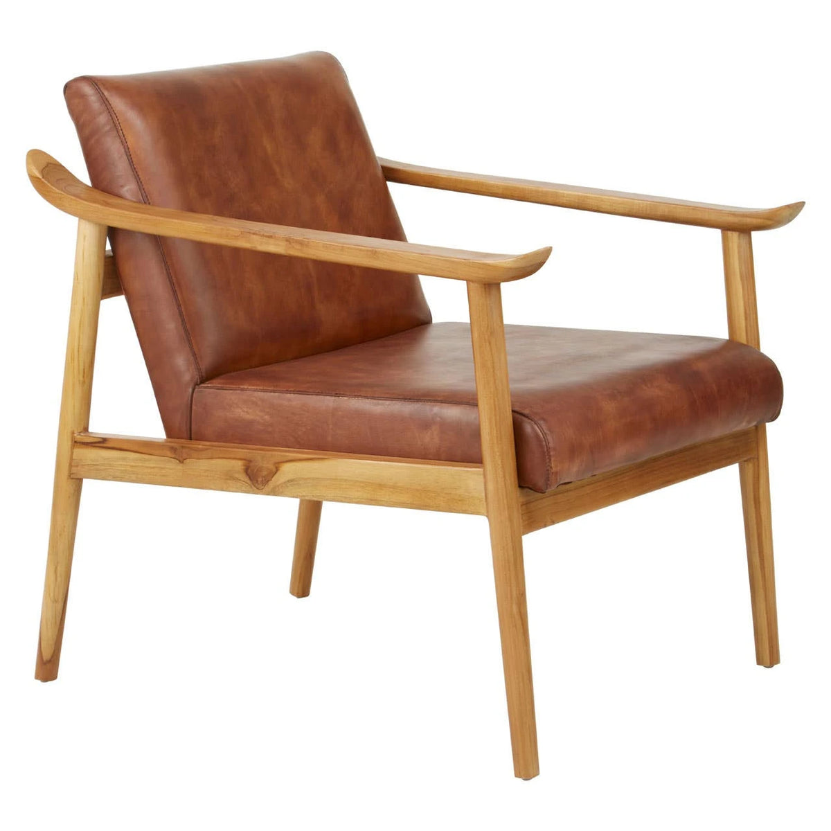 The Jakarta Brown Leather and Natural Teak Armchair from a three-quarter angle, showing the slender upturned armrests.