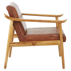 Side view of the Jakarta Brown Leather and Natural Teak Armchair, showing the angled back and light teak frame.