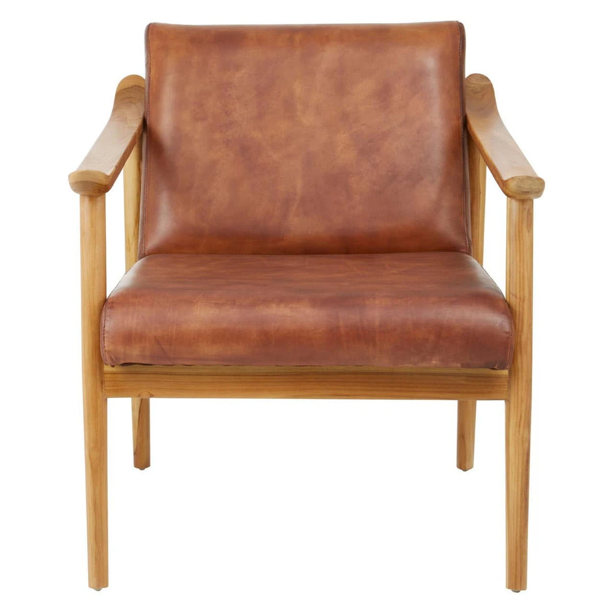 Front view of the Jakarta Brown Leather and Natural Teak Armchair, with thick leather seat and back cushions.