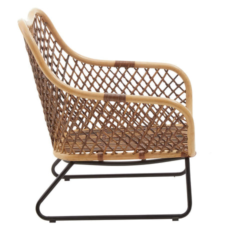 Woven chair with a black metal frame on a white background
