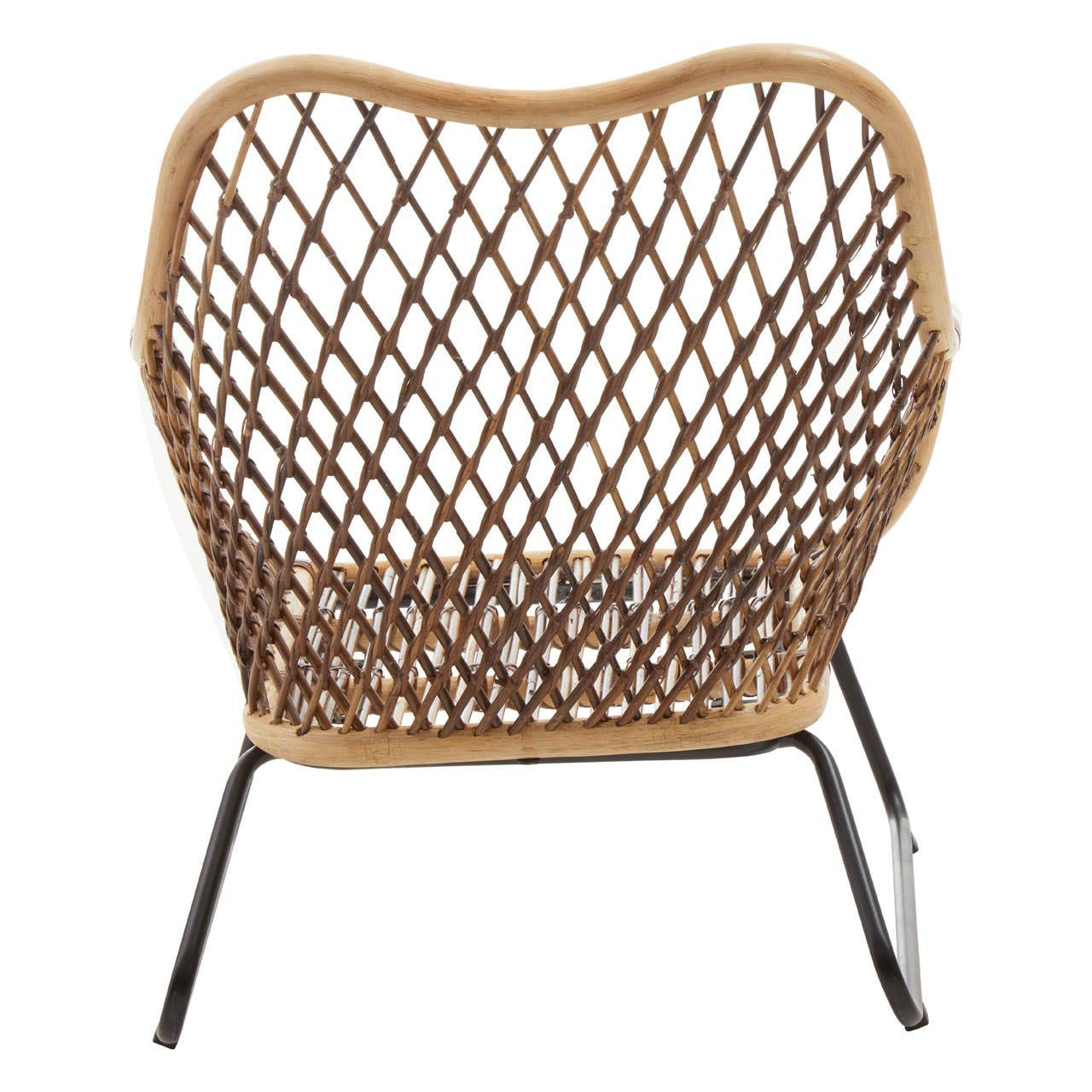 Back view of woven chair with diamond pattern on a white background