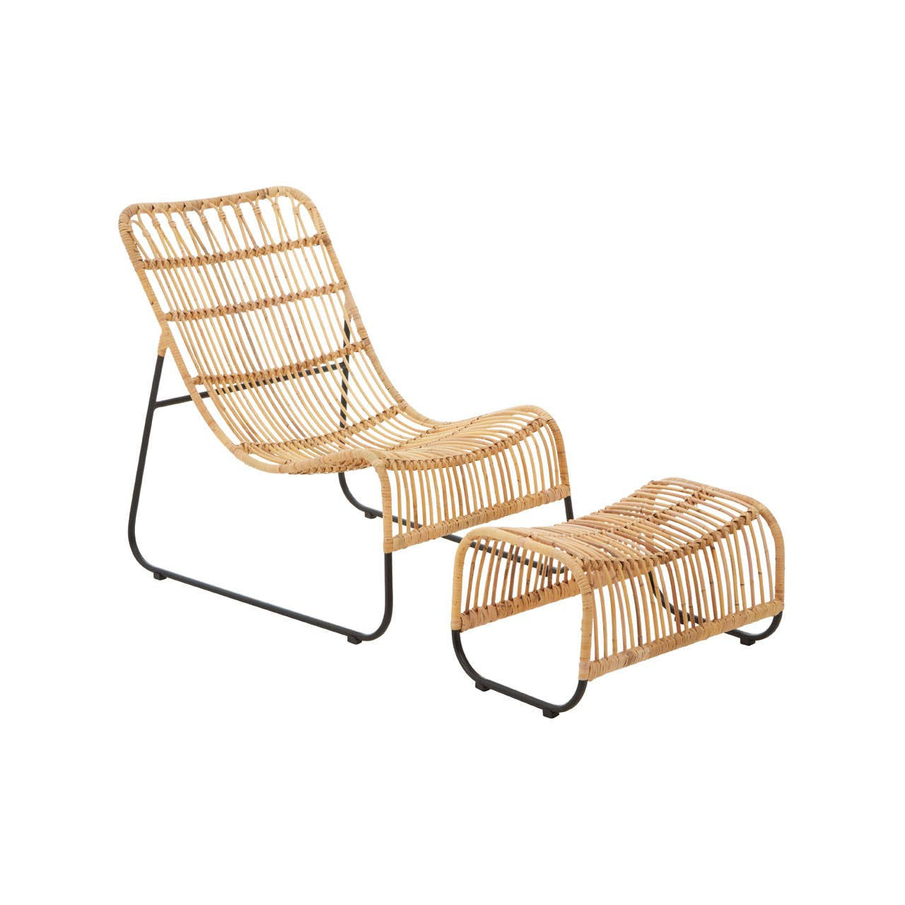 Wicker lounge chair with ottoman on a white background