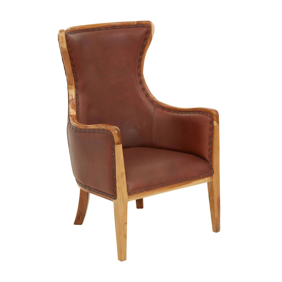 The Jakarta Brown Leather Studded Chair from a three-quarter angle, with stud trim following the teak-edged wings and arms.