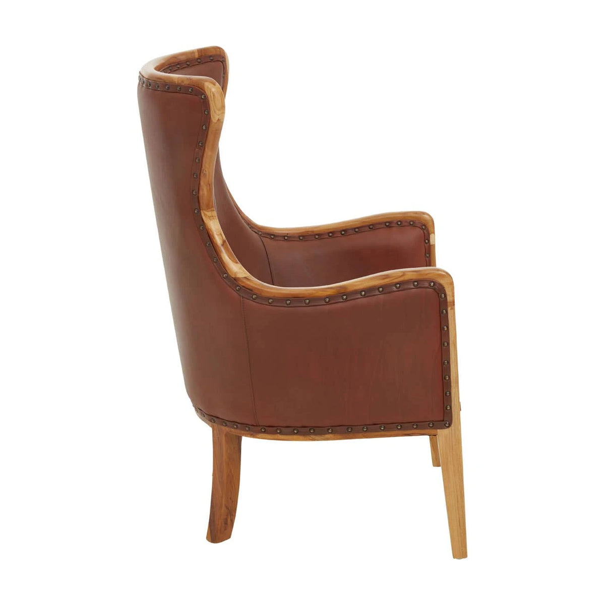 Side view of the Jakarta Brown Leather Studded Chair, showing the curved wing, arm and splayed teak legs.