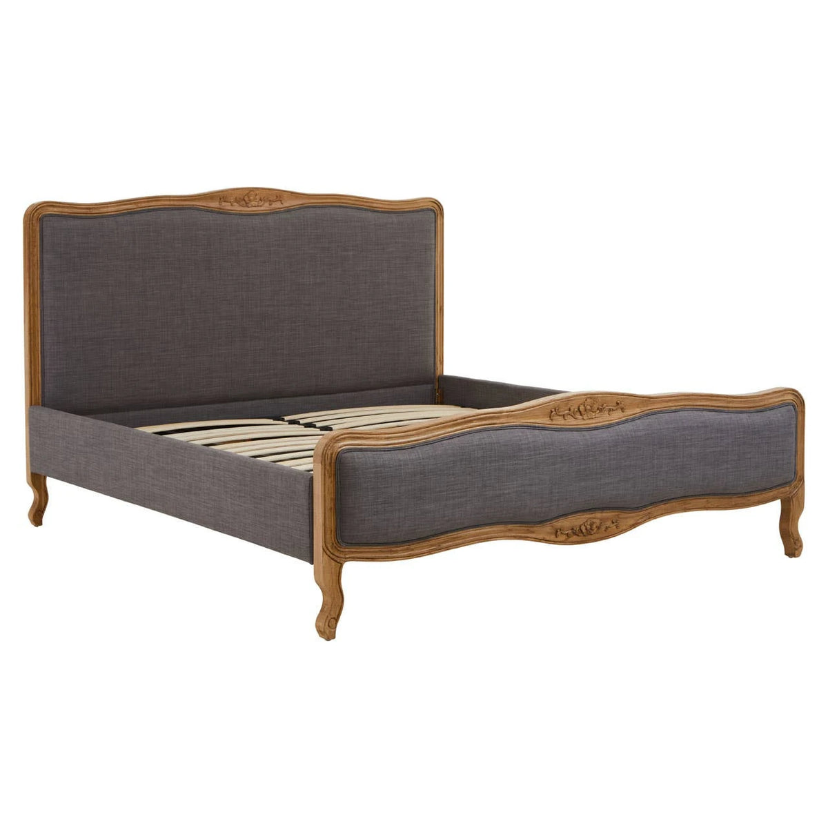 The Vienne super king bed from an angle, showing the grey upholstered side rails, sprung slats and cabriole legs.
