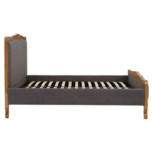 Side view of the Vienne Grey Fabric Super King Size Bed, showing the tall headboard, low footboard and slatted base.