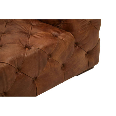 Close up of Durango brown leather chesterfield sofa right arm