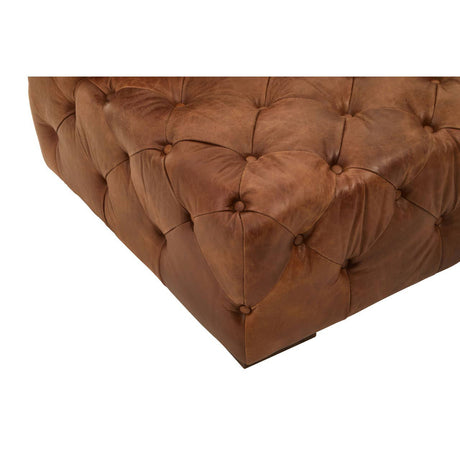 Close up of front view of Durango brown leather chesterfield sofa right arm