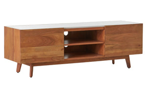 Alder acacia wood media unit with white marble top, angled view on tapered legs