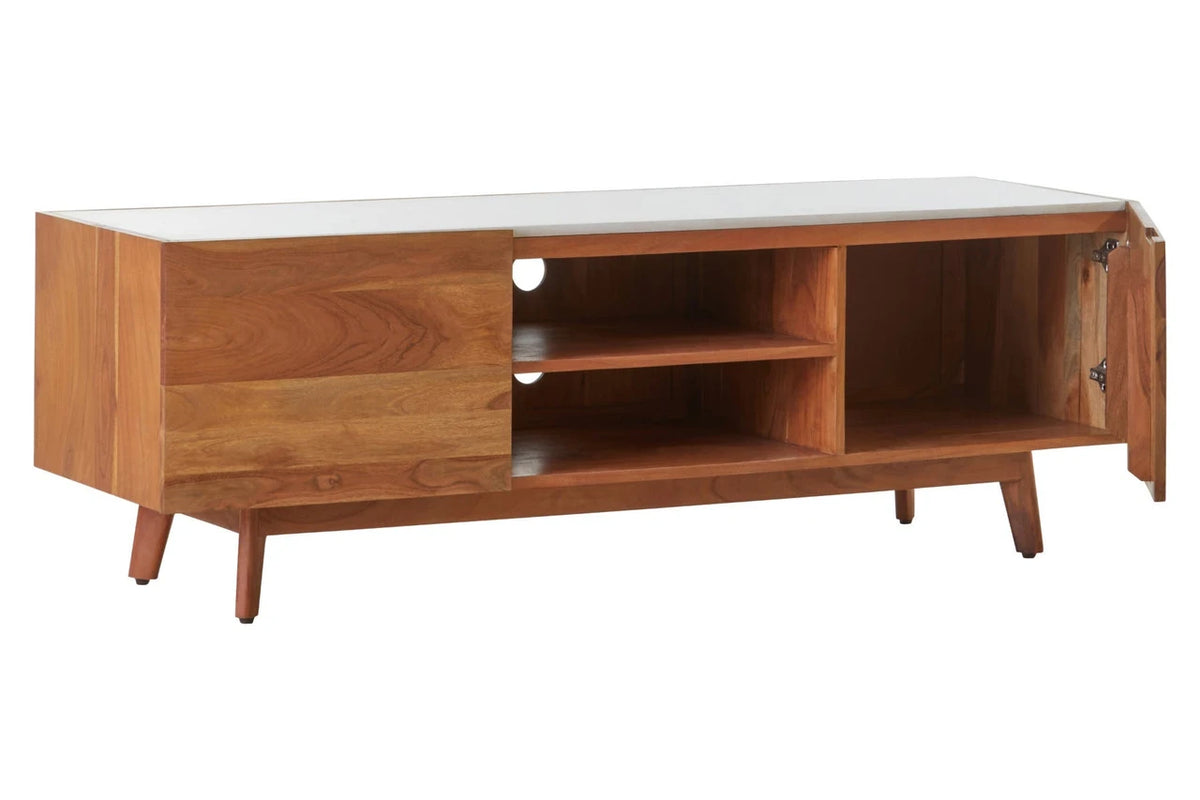 Alder media unit with one door open showing the inner shelf