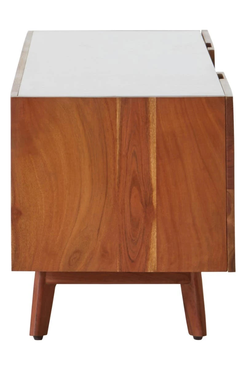 Side view of the Alder acacia wood and white marble media unit