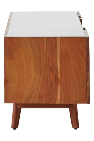 Side view of the Alder acacia wood and white marble media unit