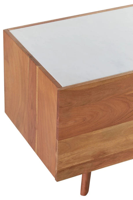Close-up of the white marble top and acacia wood grain on the Alder media unit