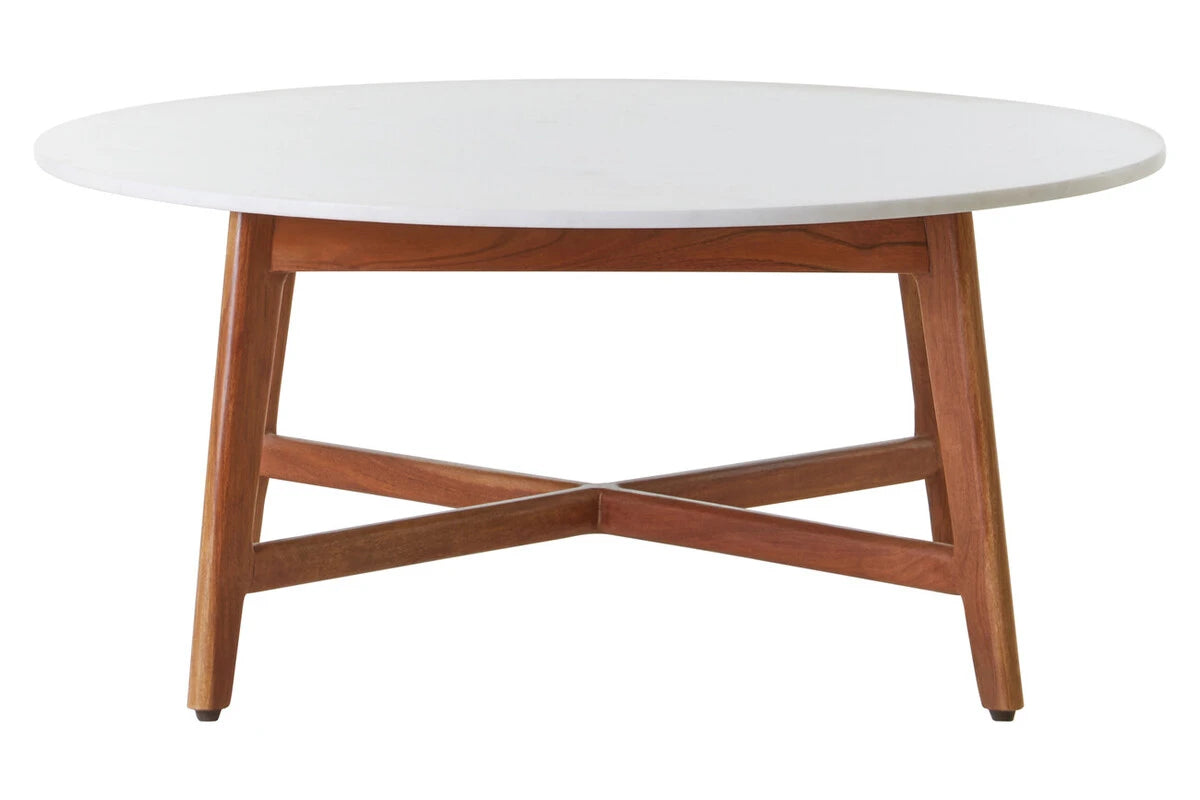 Alder acacia wood and white marble coffee table, side view