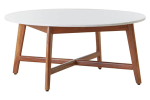 Alder round coffee table with white marble top and acacia wood legs with cross stretcher
