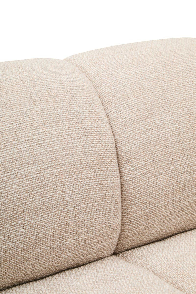 Close up of the backrest of the Orvella cream linen sofa on a white background