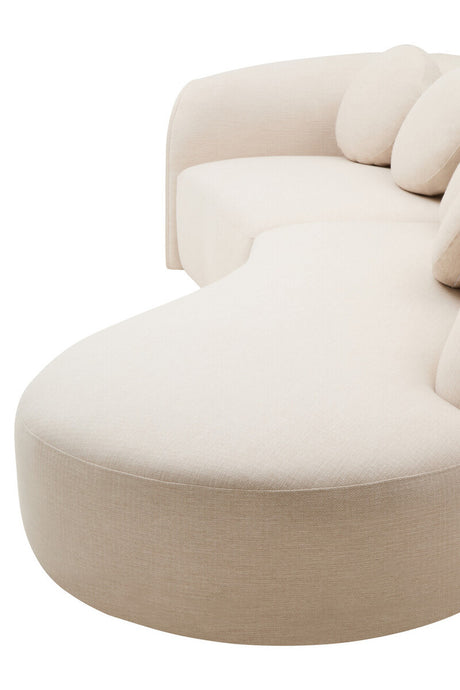 View of seat of Sorena curved cream linen sofa