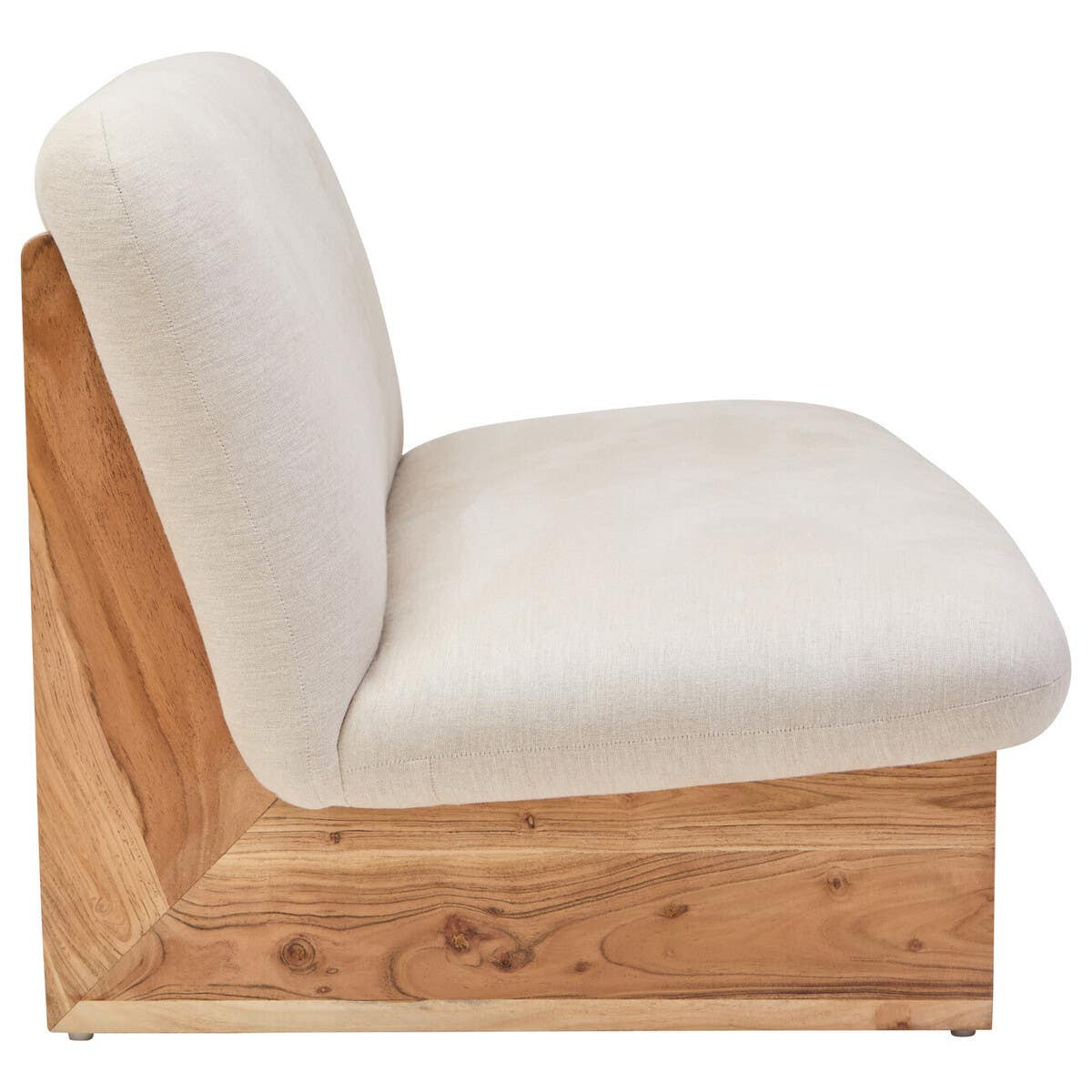Side view of an armless cream linen sofa with a wooden base on a white background