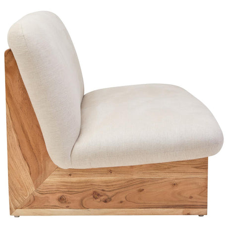 Side view of an armless cream linen sofa with a wooden base on a white background