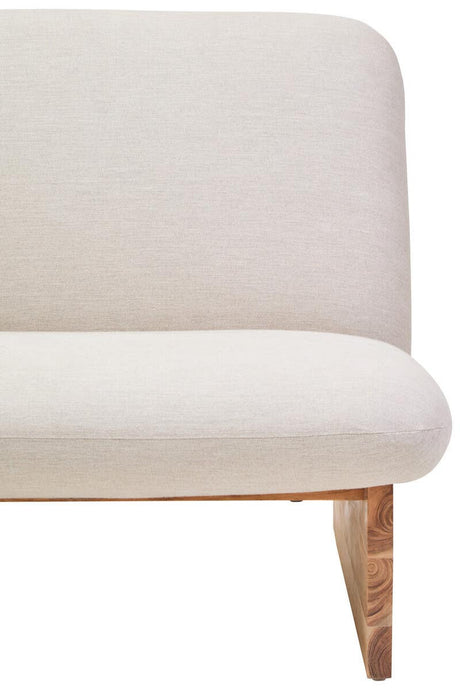 Cream linen armless sofa with wooden legs on a white background