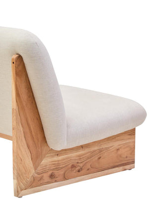 Wooden base of a cream linen sofa on a white background