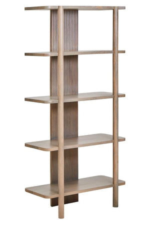 The Hawthorn Five Tier Grey Shelf Unit from a three-quarter angle, showing the round posts, rounded shelf ends and reeded centre panel.