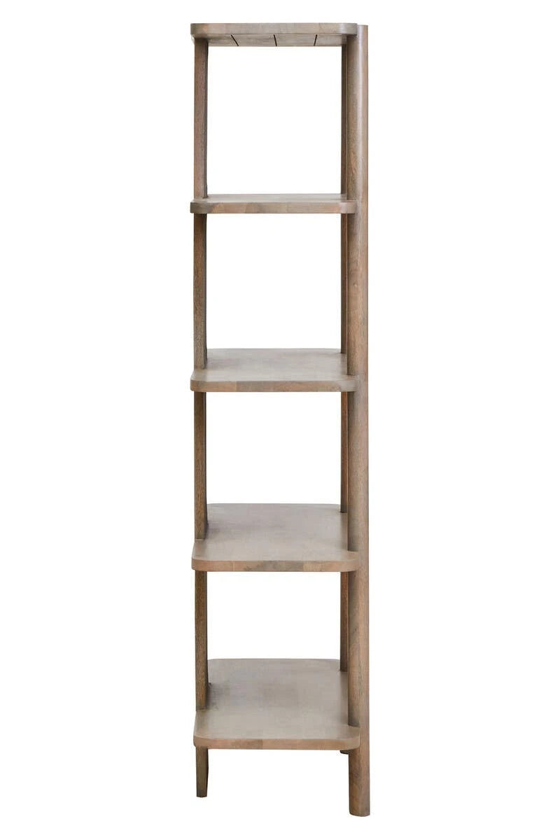 Side view of the Hawthorn Five Tier Grey Mango Wood Shelf Unit.