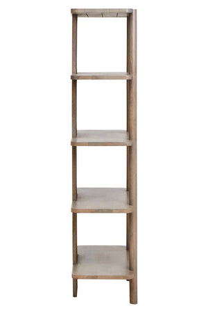 Side view of the Hawthorn Five Tier Grey Mango Wood Shelf Unit.