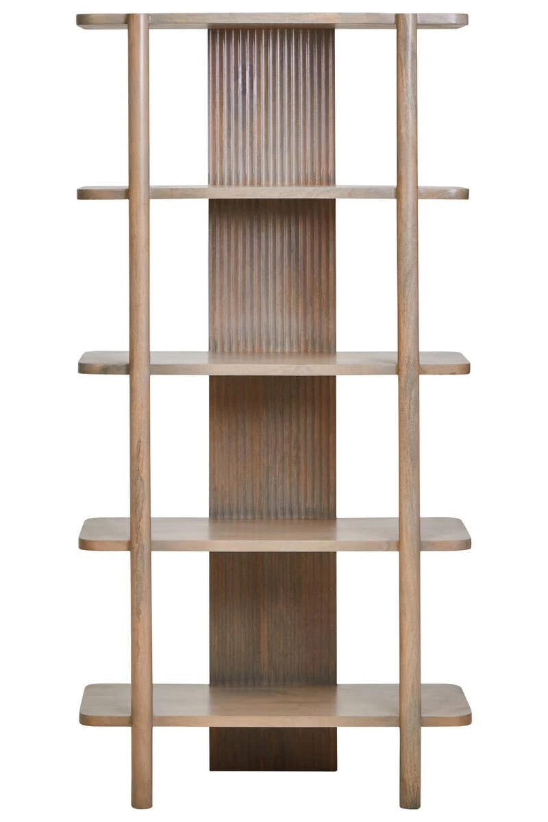 Front view of the Hawthorn Five Tier Grey Mango Wood Shelf Unit, with five shelves on round posts and a central reeded panel.