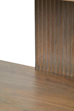 Close-up of a Hawthorn Grey shelf meeting the reeded mango wood centre panel.