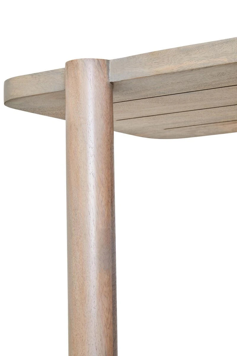Close-up of a round mango wood post meeting a shelf on the Hawthorn Five Tier Grey Shelf Unit.