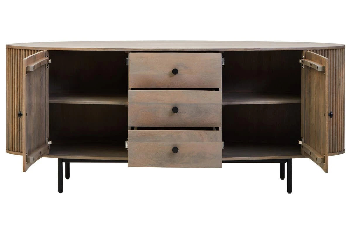 The Hawthorn Grey Oval Sideboard with both doors and the drawers open, showing shelved cupboards and drawer storage.