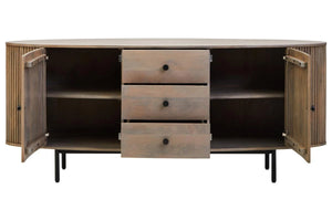 The Hawthorn Grey Oval Sideboard with both doors and the drawers open, showing shelved cupboards and drawer storage.