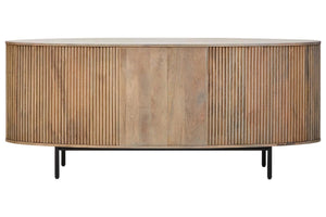 Back view of the Hawthorn Grey Oval Sideboard in grey-washed mango wood on black metal legs.