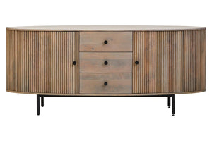 Front view of the Hawthorn Grey Oval Sideboard, with two reeded mango wood doors either side of three drawers, on black metal legs.