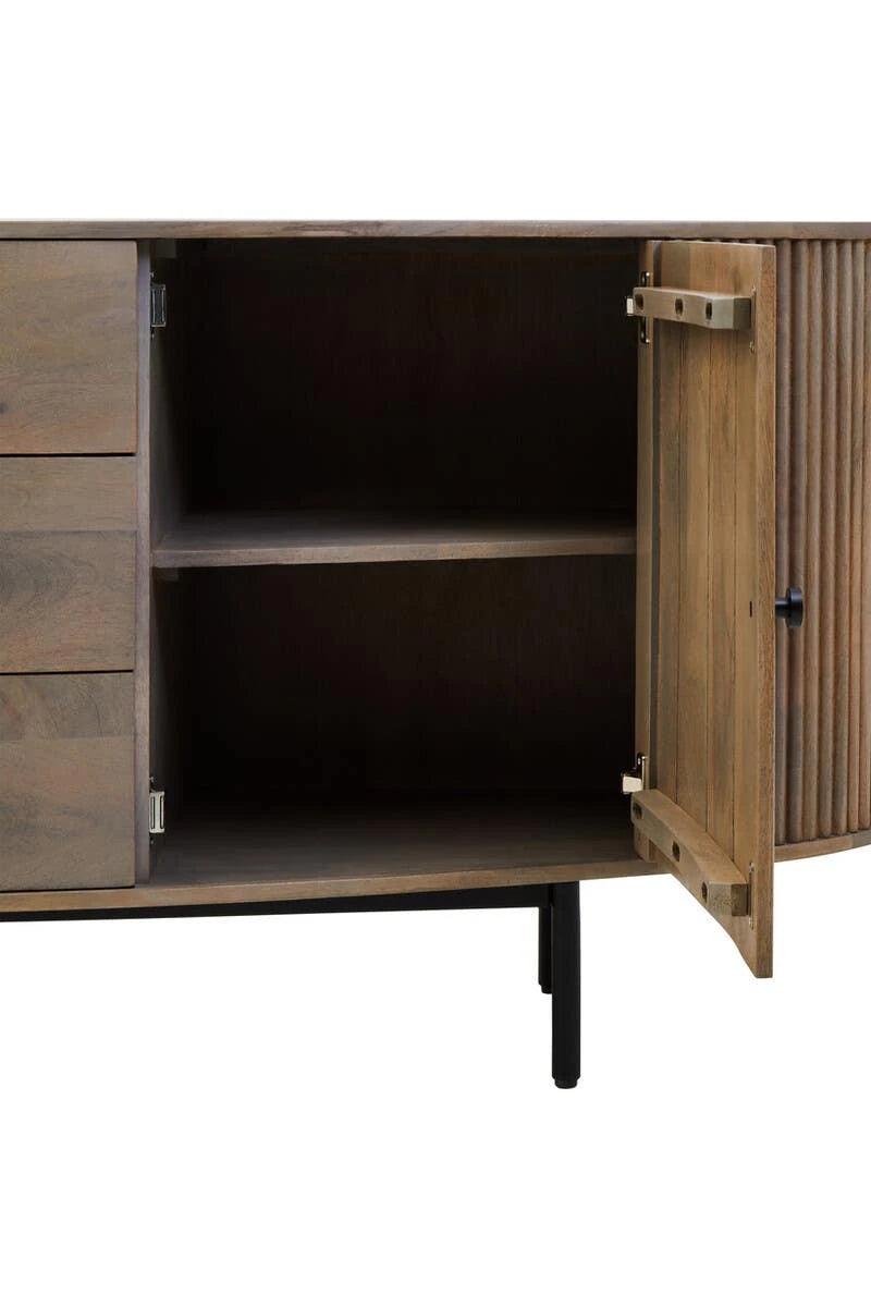 The Hawthorn Grey Oval Sideboard with a door open, showing the inner shelf of the cupboard.
