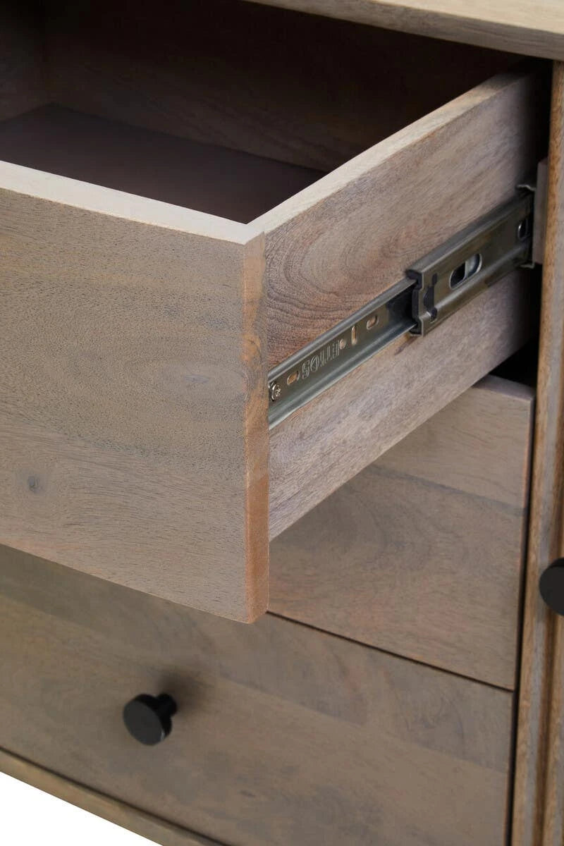 The Hawthorn Grey Oval Sideboard with a drawer open, showing the mango wood drawer box on metal runners.