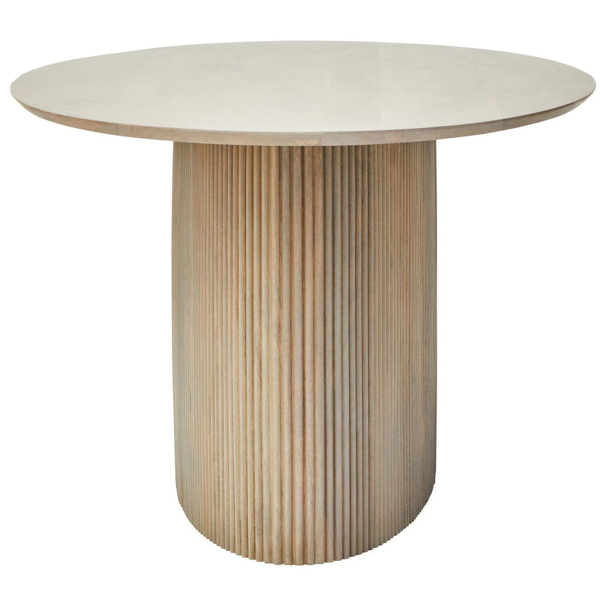 End view of the Hawthorn Grey Oval Dining Table, showing the rounded end of the reeded pedestal base.