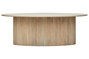 Side view of the Hawthorn Grey Oval Dining Table, showing the long oval top above a reeded oval base.