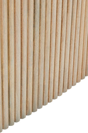 Close-up of the vertical reeding on the Hawthorn Grey Oval Dining Table base, showing the grey-washed mango wood grain.