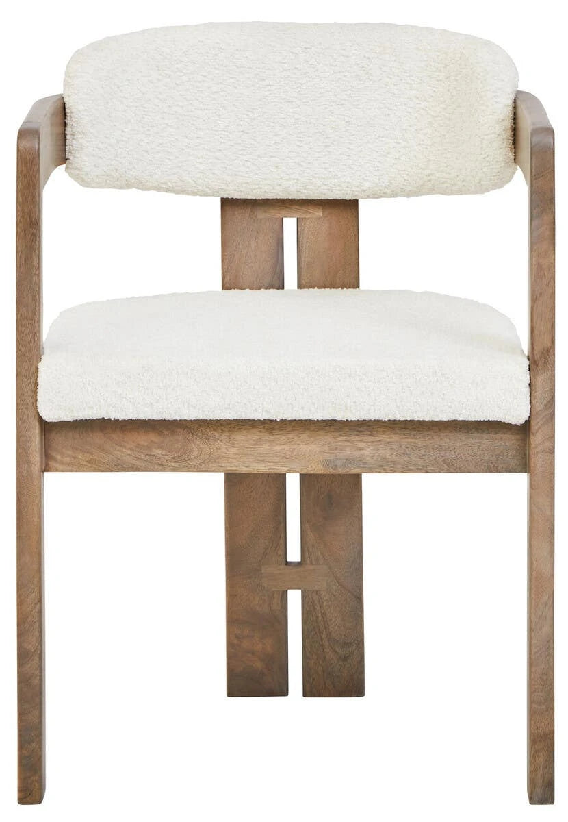 Front view of the Hawthorn Grey Dining Chair, showing the cream bouclé seat and curved backrest with split back legs.