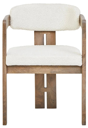 Front view of the Hawthorn Grey Dining Chair, showing the cream bouclé seat and curved backrest with split back legs.