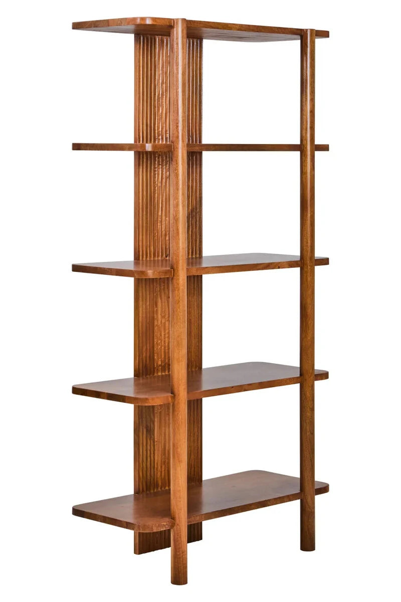 The Hawthorn Five Tier Shelf Unit from a three-quarter angle, showing the round mango wood posts and rounded shelf ends.